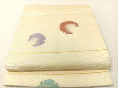 夏帯 紗名古屋帯 白地にピンクぼかし色彩が上品 雪輪柄 お仕立て上がり