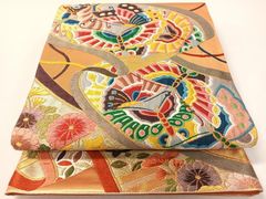 希少 丸帯 鳳凰文様 伝統工芸 豪華刺繍 アンティーク サーモンピンク 