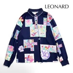 kV99 LEONARD SPORT 紺 花柄 ロゴ プリント 長袖 ハーフボタン ポロシャツ 綿 コットン ネイビー 紺 レオナール スポーツのサムネイル
