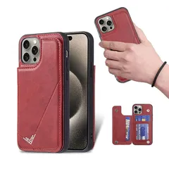 【新品】 for iPhone 15 Pro ケース スタンド機能 ケース ICカード 背面カード収納 左と右の電話を反転、防水と防汚ホルダー、多機能財布収納付き、PUレザー、TPUソフトインナー(赤)
