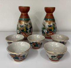 九谷焼 ぐい呑み+徳利 手描き金彩山水人物図 時代物 旧家蔵出し美品