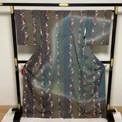 小紋付下げ 裄66.5 トールサイズ 暈し染 花模様に蝶 華やかな染め 着物 正絹 X-1810