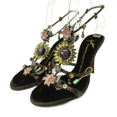 ジュゼッペザノッティデザイン GIUSEPPE ZANOTTI DESIGN 美品 フラワーモチーフ サンダル シューズ ビジュー 装飾 レザー ベルベット 36 23.0cm 茶 ブラウン 0511のサムネイル
