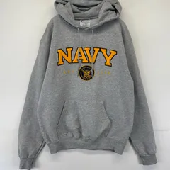 古着 チャンピオン Champion パーカー プルオーバー スウェット 刺繍 NAVY ミリタリー ロゴ ワッペン M  グレー系 メンズ