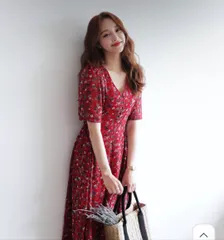 maron.J From. J  La mar ワンピース レッド 花柄・ボタニカル柄 半袖 ロング・マキシ丈 フレア