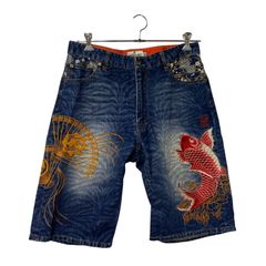 刺繍✨参丸一 サンマルイチ 福蛙 和柄 デニム ハーフパンツ - メルカリ