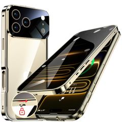 ◎HGUTREY[엿보기 방지·자동 팝업 버튼] iPhone17 Pro용 케이스 [락 첨부][스트랩 홀 첨부]일체형 렌즈 보호 양면 9H 강화 유리 iPhone17 프로 케이스 내충격 알루미늄 범퍼 6.3 인치(골드)