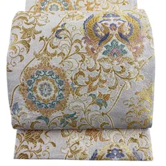 【美品】 袋帯 名品 向かい鳥 華文 金銀糸 箔 銀色 六通 正絹 【中古】