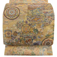 袋帯 名品 貝桶 和楽器 金糸 箔 金色 六通 正絹 【中古】のサムネイル