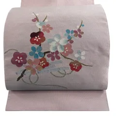 名古屋帯 秀品 八寸名古屋帯 トンネル仕立て 花筏 枝梅 金銀糸 薄ピンク 正絹 【中古】