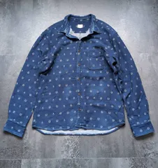 Momotaro Jeans Indigo Shirt L～XL Navy All Over Print Dog Monkey Pheasant Japan モモタロウジーンズ インディゴシャツ メンズ L～XL相当 ネイビー 犬・猿・キジ 総柄のサムネイル