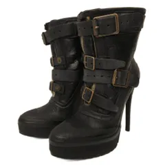 バーバリー BURBERRY Aviator 130 PLATFORM ROUND ANKLE BOOT ムートン ブーティ クラックレザー UK4.5 黒 ブラック IBO94のサムネイル