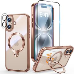 ◎OYR iPhone 16용 클리어 케이스 Magsafe 대응[360°회전 CD 스탠드·10 만회 개폐 테스트][도금 범퍼·iPhone 전속색][카메라 보호와 유리 필름 첨부]스트랩 홀 첨부(6.1 인치·디저트 티타늄)