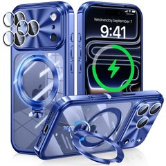 ◎ iPhone 17 Pro Max 용 케이스 [90 ° 확실히 자립 × 360 ° 회전 스탠드] 종횡 다각도 Magsafe 대응 아이폰 17 프로 맥스 커버 CD 문 링 마그넷 탑재 무선 대응 Uovon 스마트 폰 케이스 블루