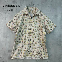 VINTAGE E.L ビンテージイーエル M ベージュ 総柄 半袖 シャツ ヨット 船 マリン プリント トップス コットン 100% 日本製 フィールド カジュアル ワーク ヴィンテージ 古着 スタイル アメカジ レトロ 希少 デザイン ★ ■◆