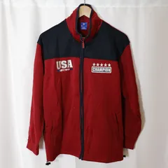 (^w^)b 美品 チャンピオン Champion トラックジャケット ジャージ M レッド ネイビー 紺 赤 USA 刺繍ロゴ 5つ星 パッチ フルジップ M40900 ポリエステル100％ スポーツミックス アメカジ 古着 1919 OM12592WT