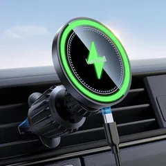 【メタル製フック】Lamicall 15W スマホホルダー 車 ワイヤレス充電：急速 iPhone MagSafe 車載 ほるだー 充電器 エアコン 吹き出し口 強力磁気 マグセーフ 車用 充電式 携帯スタンド 小型 360度回転 iPhone 17e,A 0