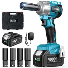 【2026新型】SEESII 電動インパクトレンチ タイヤ交換 700N・m 強力 ブラシレスモーター 小型 ハイパワー 自動停止モード 無段変速 正逆転両用 1/2インチ LEDライト 4000mAhバッテリー 4本ソケット付き 車用 自動 fab2450e