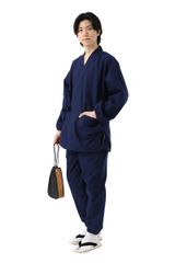 Brand New [TAYU-TAFU] Fleece Samue (Japanese workwear) for Men, Kurume-ori Weave, Stylish Cotton, BOTAN/Button, Size S, Medium Navy
