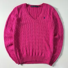 POLO ラルフローレン スポーツ 刺繍 コットン ピンク ケーブル編み Vネック ニット