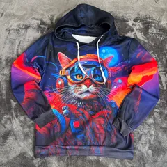 【USED】宇宙猫 総柄 パーカー メンズL XL相当 裏起毛 ネオンカラー 猫 キャット 両面プリント 3Dプリント ギャラクシー ストリート サイバー 派手 個性派 ビッグシルエット US 古着 プルオーバー フーディー