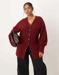 エイソス レディース アウター カーディガン Vネック ASOS Curve ASOS DESIGN Curve Vneck longline cardigan with waist detail in fluffy yarn Burgundy バーガンディ