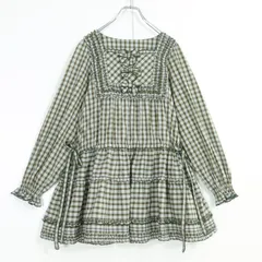 【美品】ピンクハウス★オリチェpt♪ふんわりミニワンピ ブラウス グリーン系 綿ローン 段々フリル&リボンも♪薄手 z20018のサムネイル