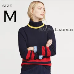 【極美品】Ralph Laurenラルフローレン 18AW タートルネック ストライプコットンセーター M ネイビー紺×レッド赤 【古着】【中古】【送料無料】