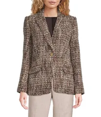 ダナキャラン レディース アウター コート ツイード ジャケット Donna Karan Tweed Notch Collard Long Sleeve One Button Jacket Chocoのサムネイル