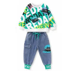 [Kai La Nalu] 子供服 セットアップ 長袖 スウェット デニム風 パンツ 2点セット ストリート カジュアル ダンス セットアップ 子供服 男の子 長袖 トレーナー ロングパンツ 上下セット ダンス 衣装 ストリート カジ [グリーン] [130]
