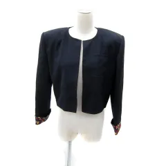 ミラショーン mila schon ノーカラージャケット ミドル丈 前開き ロールアップ 総柄 ウール 44 XXL 紺 ネイビー /SY1 ■GY53のサムネイル