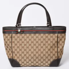 極美品 GUUCI グッチ Tote Bag トートバッグ GGキャンバス シェリーライン ブラウン ベージュ 257061 ゴールド金具 中古 4a002059