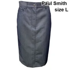 ◆ ポールスミス Paul Smith タイトスカート 膝丈 ウールデニム 革パッチ ネイビー 毛混 カーフスキン 40 L 11 レディース Z6C905のサムネイル