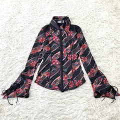 Ozz On ストレッチシャツ 総柄ブラウス 和柄 花柄 フラワー ラメ入り 長袖 フレアスリーブ リボン紐 ブラック ピンクのサムネイル