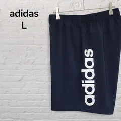 【美品】　アディダス　adidas　ハーフパンツ　ショートパンツ　メンズ　L　ネイビー　パフォーマンスロゴ　ビッグロゴ　韓国古着