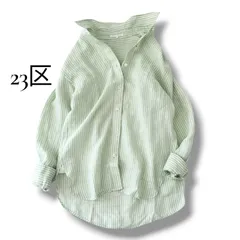 23区 LIBECO ベーシック シャツ ストライプ リネン 麻100% グリーン 36 2023年モデル 美品 6MY031のサムネイル
