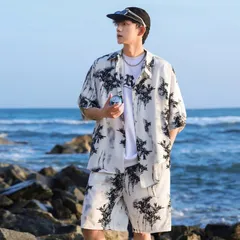 【 送料無料】カジュアルセット セットアップ 半パン 花シャツ 短パン 海 メンズセット 夏服 未使用 2点セット ハーフパンツ 男性 上下セット 海パン ビーチウェア 軽量 上下 おしゃれ 半袖シャツ ショート #zfwyc