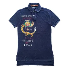 Polo Ralph Lauren 90年代 ヴィンテージ加工 鹿の子 ポロシャツ CUSTOM FIT インディゴ 刺繍 龍 漢字