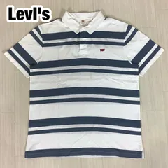 LevI's リーバイス ボーダー 半袖ラガーシャツ ポロシャツ L  ホワイト×グレー ワンポイントロゴ 着丈75cm 肩幅50cm 身幅(脇下)59cm 袖丈24cm【古着】のサムネイル