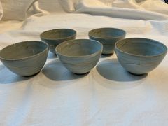 D-4 和食器 湯呑み 5客セット 朝鮮唐津風 海鼠釉 渦巻き 昭和レトロ 