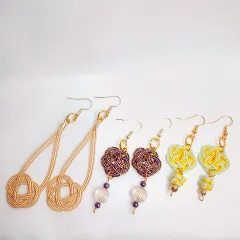 水引きピアス 梅結び 手づくり 和 3点セット ベージュ パープル イエロー エメラルドグリーン 〇□