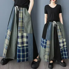 ワイドパンツ デニム レディース チェック パンツ ガウチョパンツ ロング ボトムス 切り替え ハイウエスト ゆったり 体型カバー 大人 カジュアル レトロ 春 秋 着痩せ 着回し オフィス 通勤