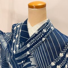 洗える着物 絽 小紋 浴衣にも 綿 藍色 刷毛目模様 トールサイズ 墨流し
