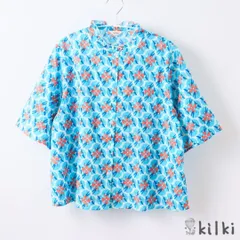 KILKI キルキー 綿100 ブラウス レディース おしゃれ 半袖 シャツ 夏 スワロー 体型カバー ナチュラル 綿 コットン 100% フリル 柄物 テキスタイル レトロ かわいい ギフト プレゼント ブルー 青 6B-B03 Kl007のサムネイル