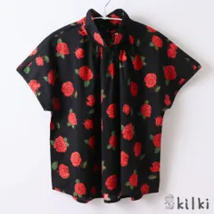 KILKI キルキー 綿100 ブラウス 半袖 レディース シャツ おしゃれ ローズ 春夏 体型カバー ゆったり ナチュラル 綿 コットン 100% 花柄 バラ レトロ かわいい ギフト プレゼント 赤 黒 レッド ブラック 6M-B03 Kl010のサムネイル