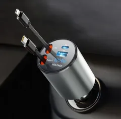 【車用電圧計搭載】 VIKNAN 巻き取り式充電ケーブル 車 充電器 タイプc シガーソケット 4台同時充電可能 車載充電器 カーチャージャー 急速充電 電圧表示 12V/24V対応 iPhone/Android対応