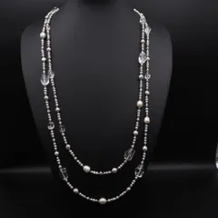 W482 淡水真珠 パール 水晶 925刻印 ロング ネックレス ブルー グレー系カラー デザイン シルバー 6月誕生石
