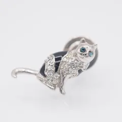 W007 ピンブローチ 猫 キャット サファイア風 ラインストーン デザイン シルバーカラー ラペルピン コスチュームジュエリー