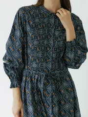 sosotto(ソソット)格子花柄ピンタックウエストドロストワンピース ネイビーのサムネイル