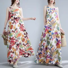 ワンピース   マキシ丈 レディース ノースリーブ ロングワンピース   綿麻 リネン ワンピース   花柄 総柄 大きいサイズ  体型カバー カラフル マキシワンピース   